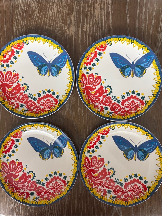 Tag Other - Tag Butterfly Floral Ceramic White Dessert Plates with Blue, Red, Yellow Prints